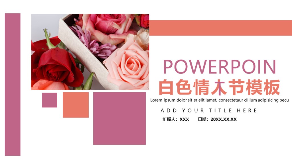 简约风浪漫玫瑰白色情人节通用PPT模板1