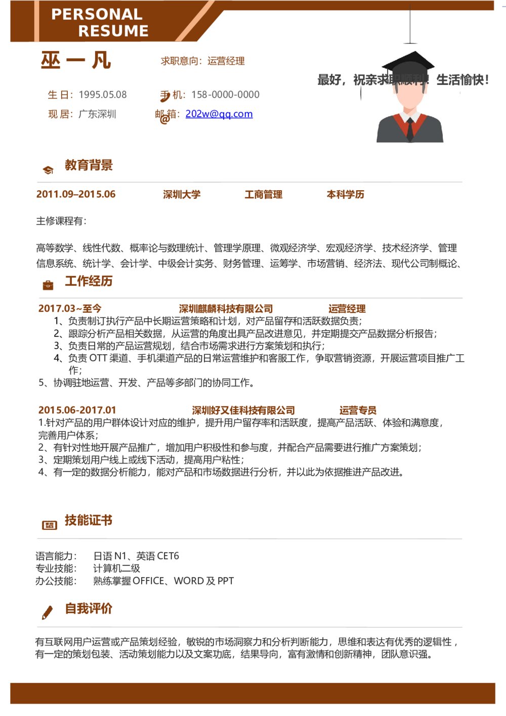 简约IT互联网运营经理应届简历1