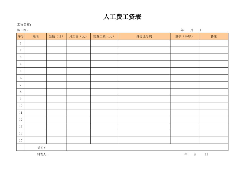 工程施工人员工资表详细薪酬管理表格1