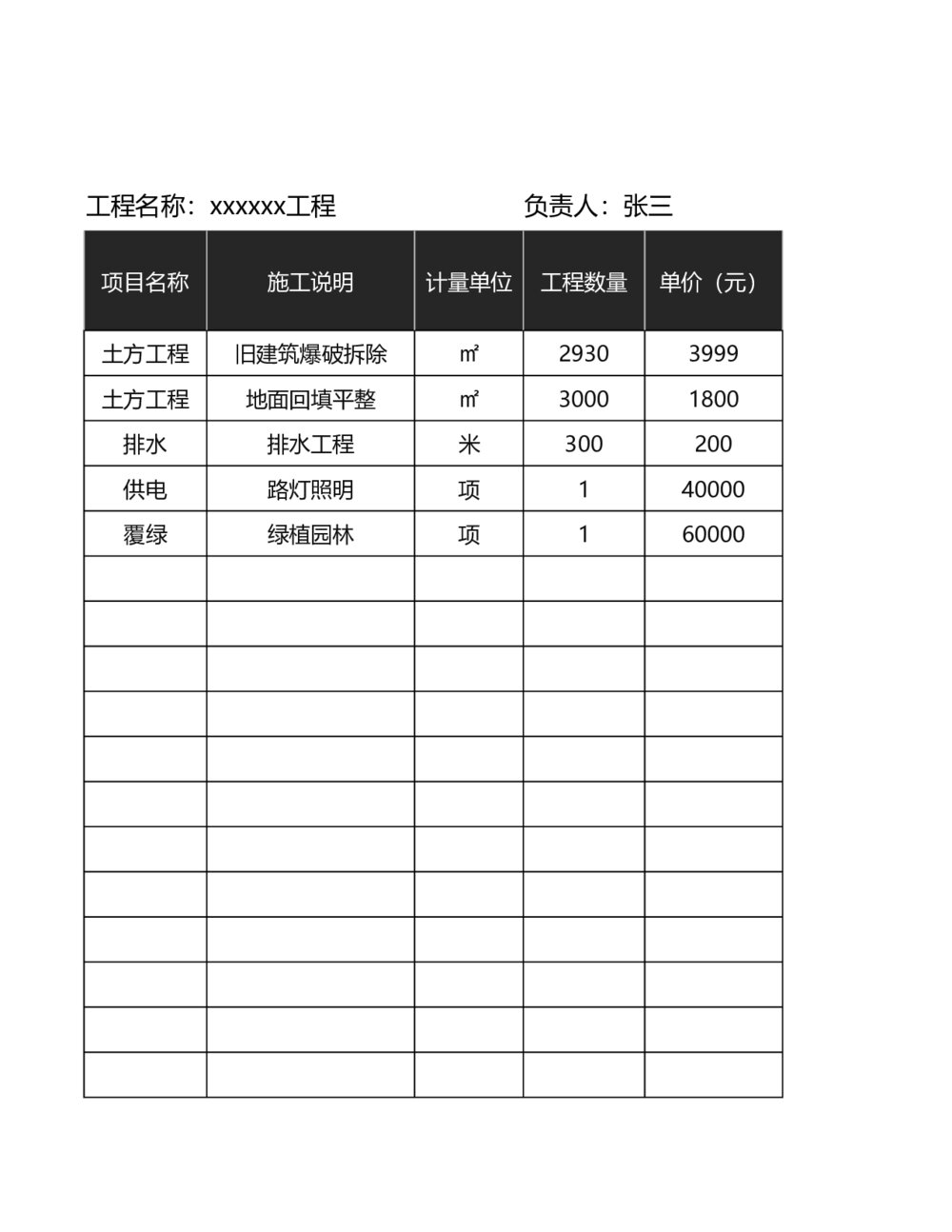 工程造价表施工价目明细统计表格模板1
