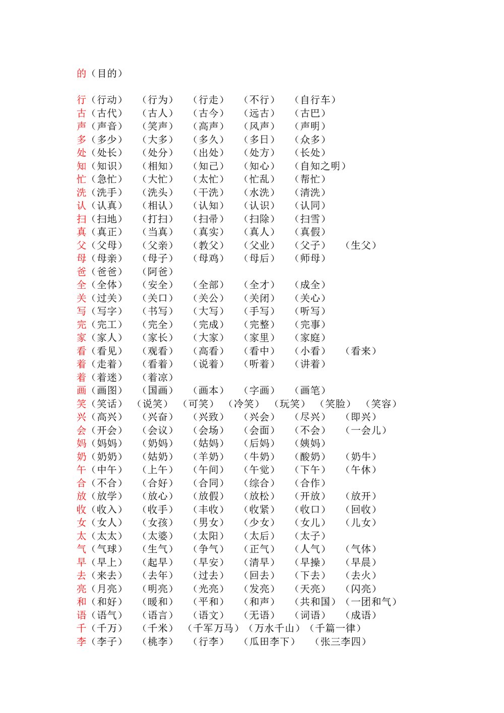 小学一年级语文下册词语类大汇总word文档7