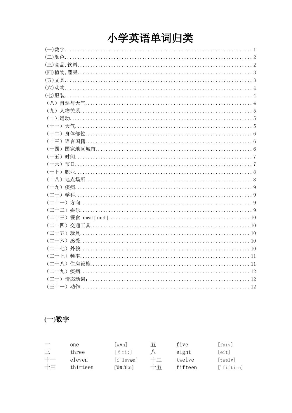 小学四年级英语单词分类表知识点word文档1