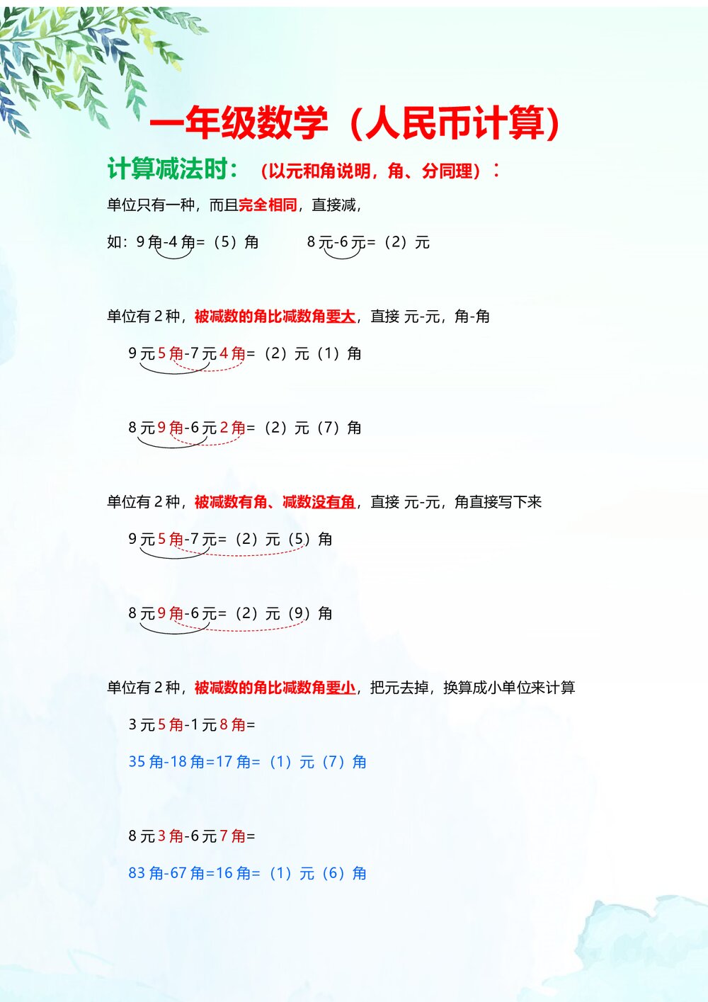 一年级数学认识人民币计算方法知识点Word文档1