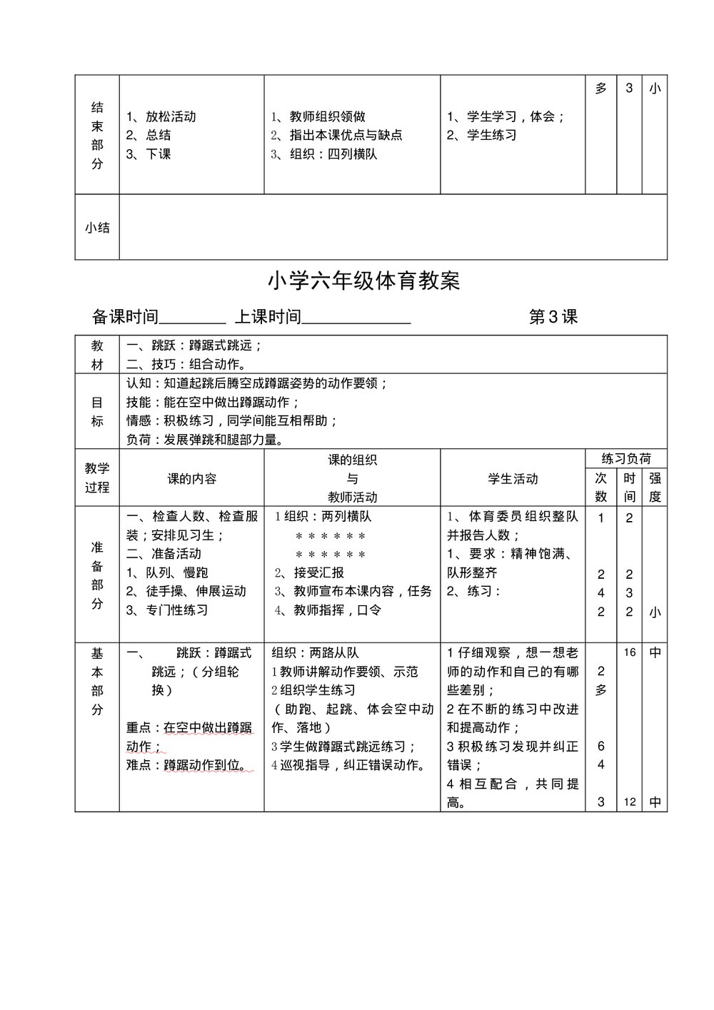 小学六年级体育教案汇编word文档3