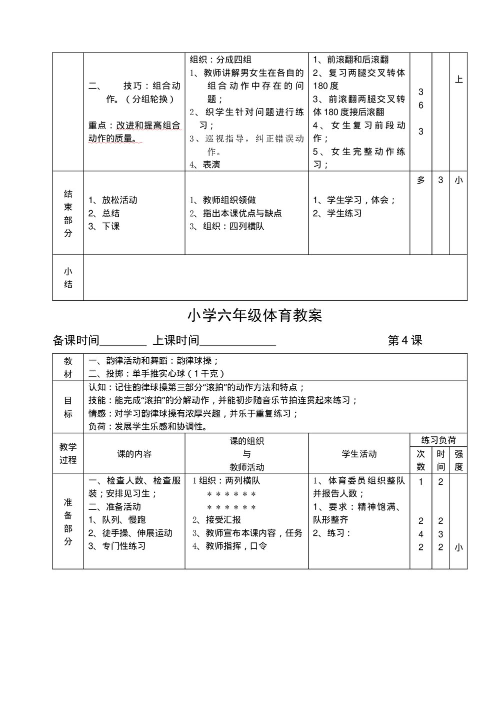 小学六年级体育教案汇编word文档4