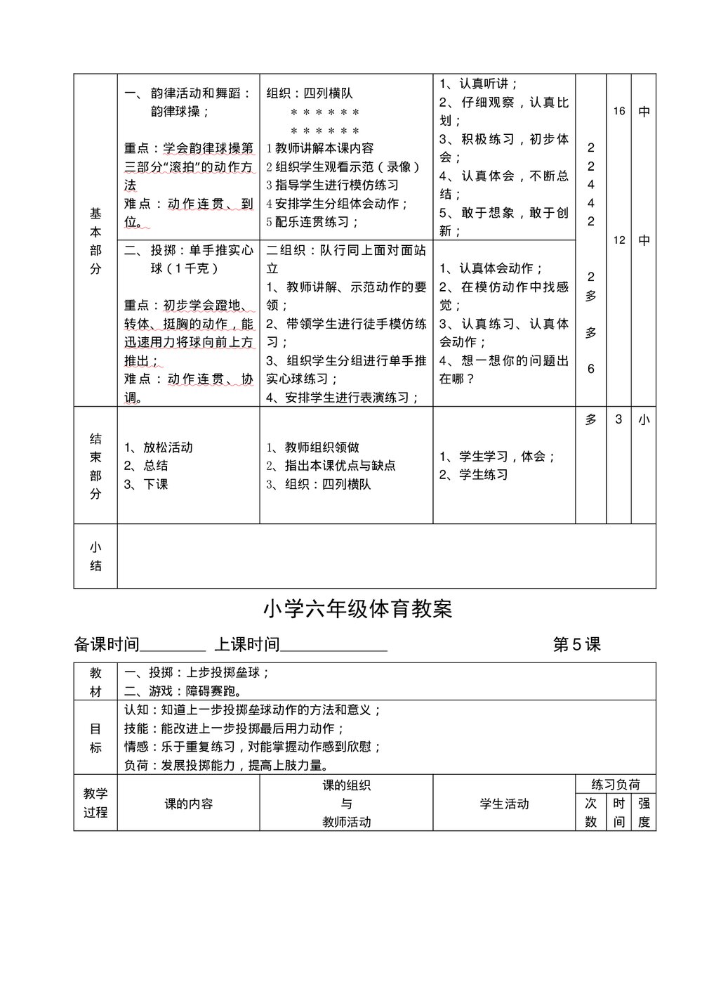 小学六年级体育教案汇编word文档5
