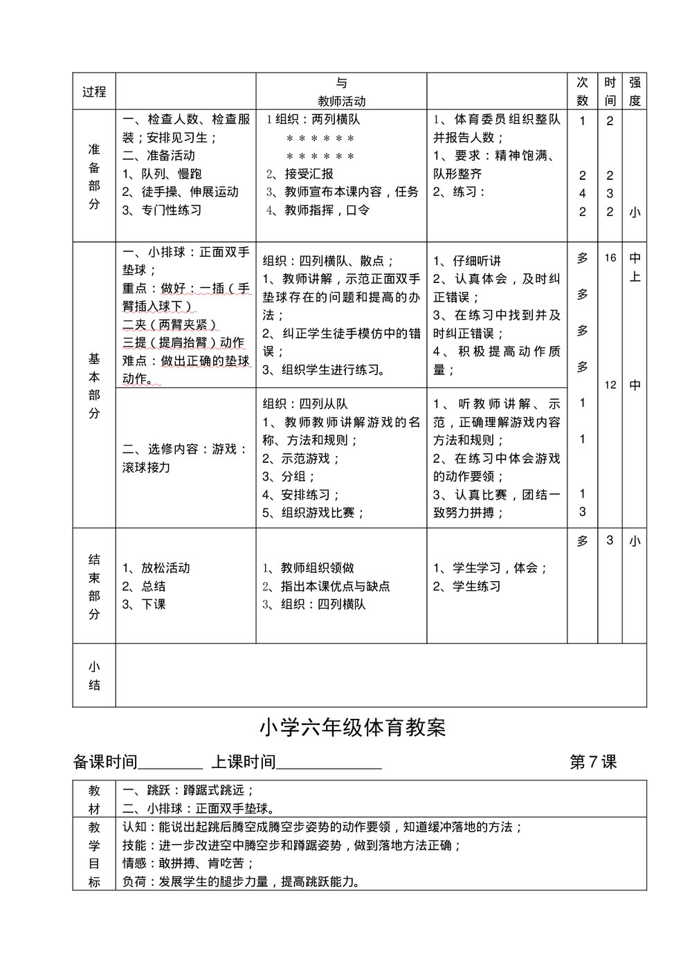 小学六年级体育教案汇编word文档7