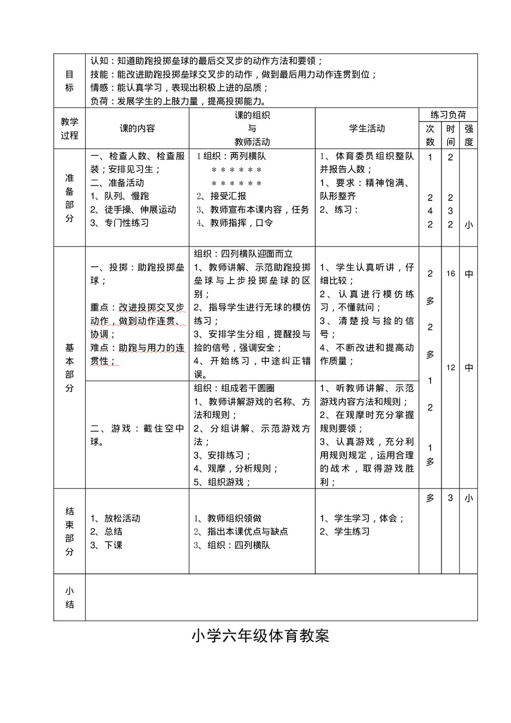 小学六年级体育教案汇编word文档9