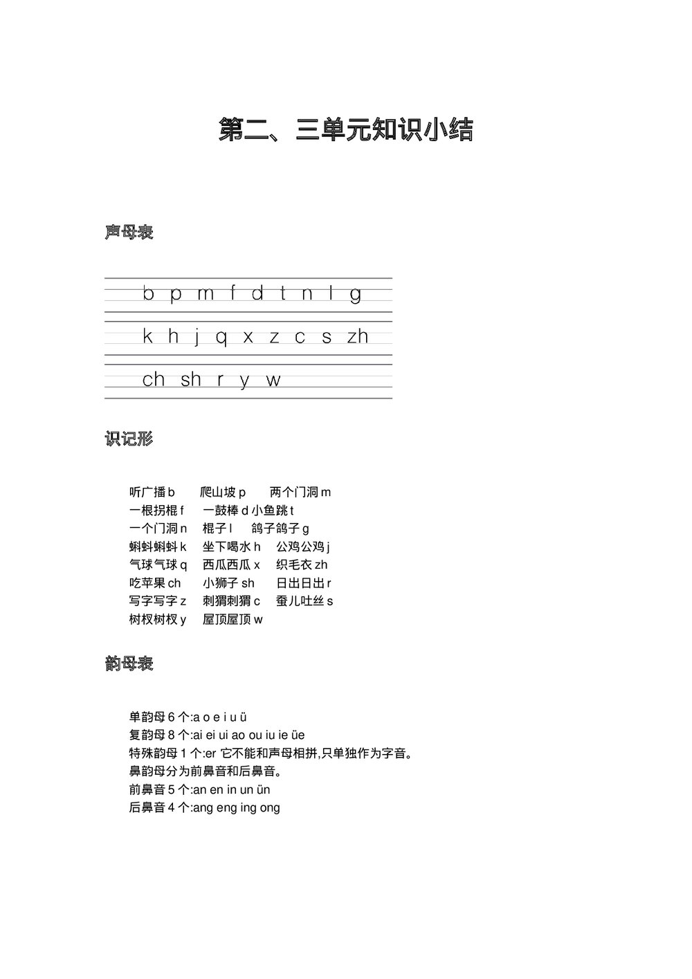 一年级语文上册第二、三单元知识小结word文档1