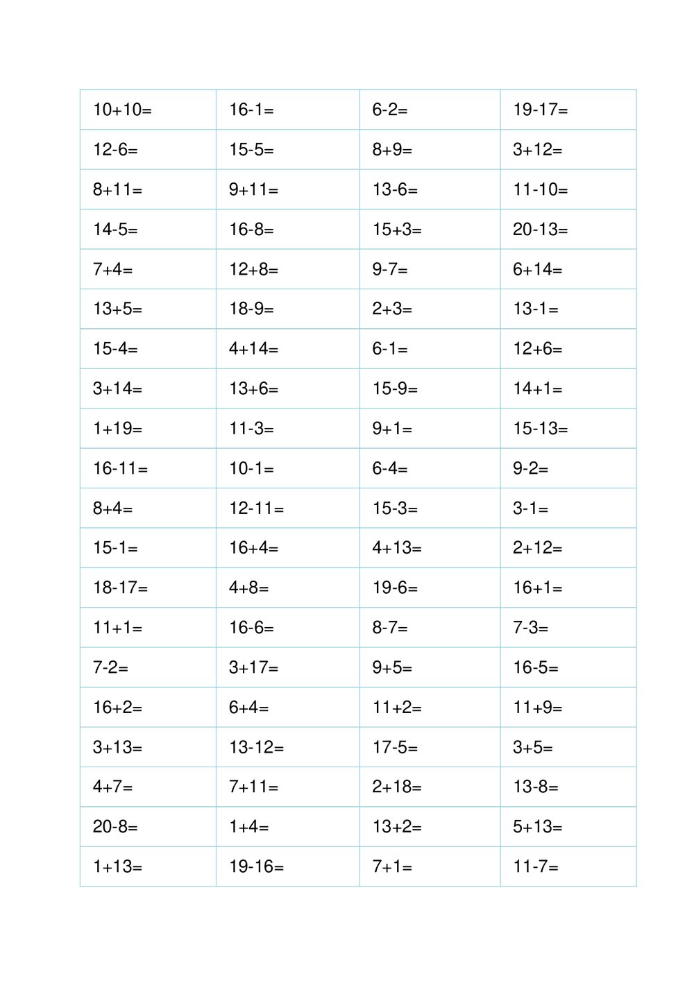 一年级数学20以内加减法计算题(372道)word版+答案2