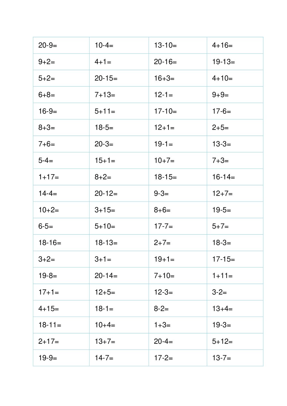 一年级数学20以内加减法计算题(372道)word版+答案3