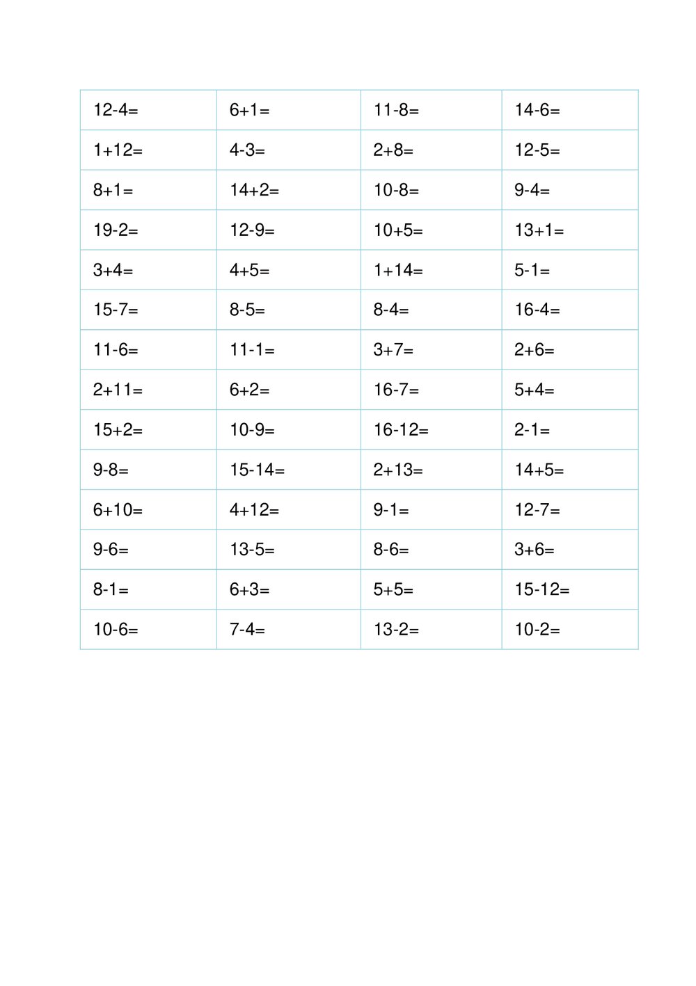 一年级数学20以内加减法计算题(372道)word版+答案5