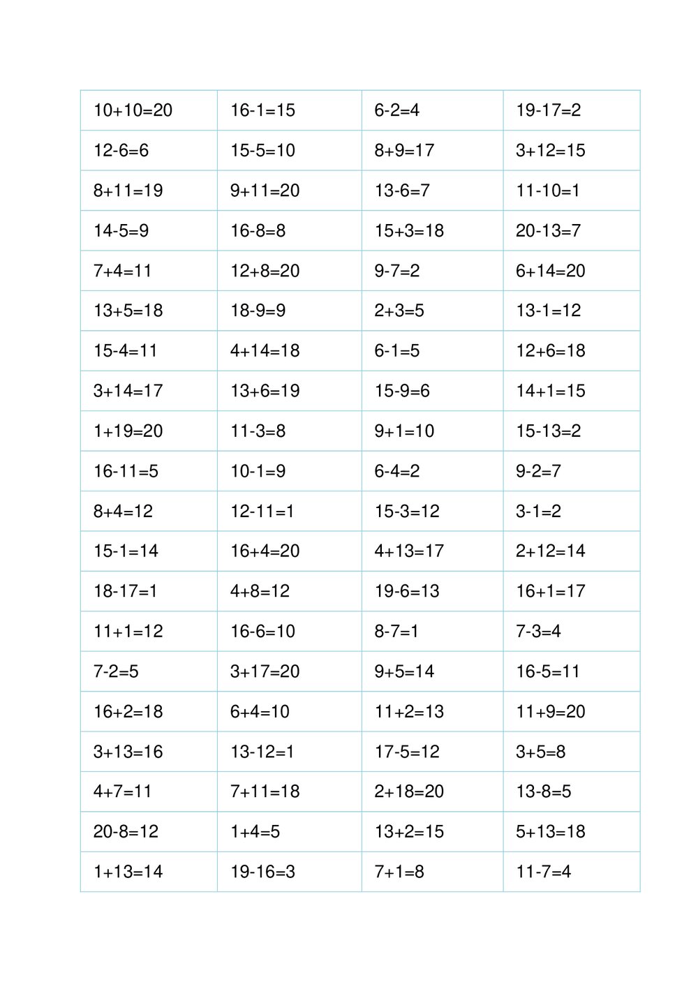 一年级数学20以内加减法计算题(372道)word版+答案7