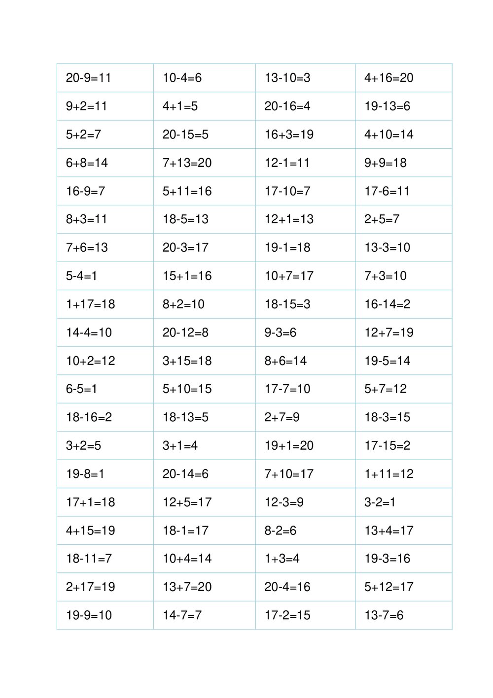 一年级数学20以内加减法计算题(372道)word版+答案8