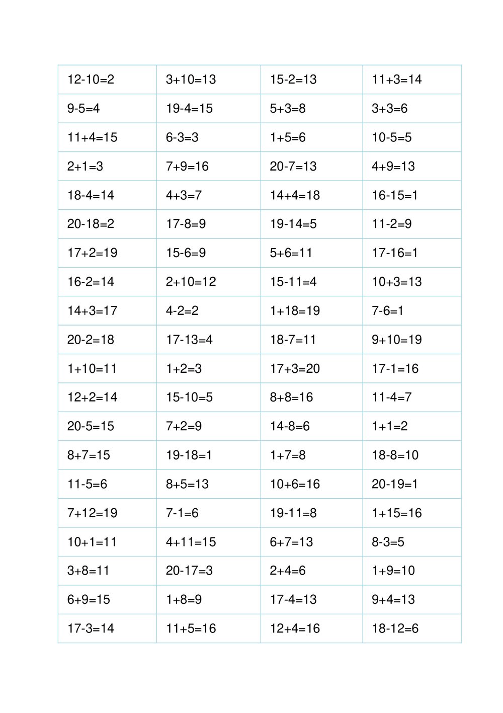 一年级数学20以内加减法计算题(372道)word版+答案9