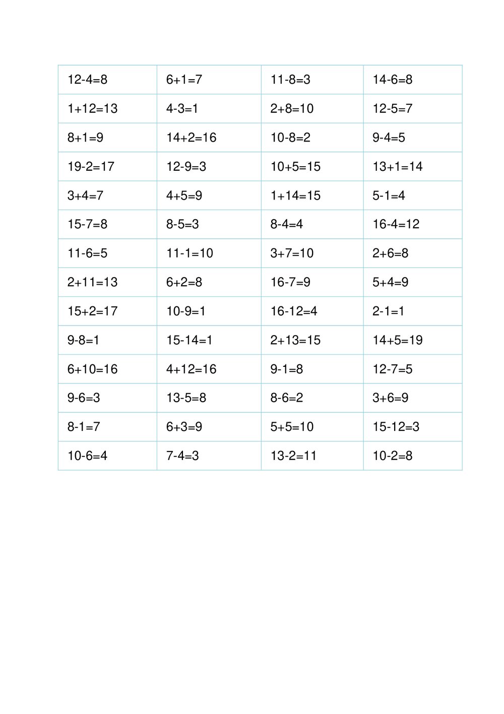 一年级数学20以内加减法计算题(372道)word版+答案10