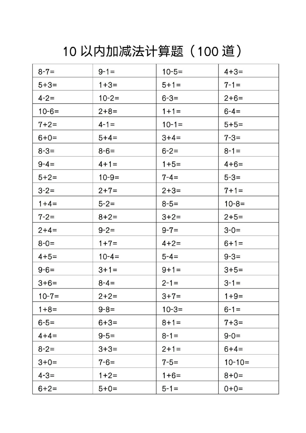 一年级10以内加减法计算题(100道)word版+答案2