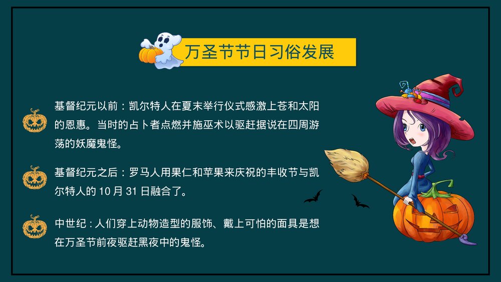 卡通风万圣节节日介绍PPT课件(内容文字可编辑修改)10