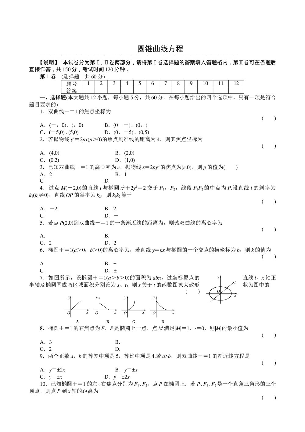2011届高三一轮测试(文)8圆锥曲线方程+答案(通用版) - 副本1