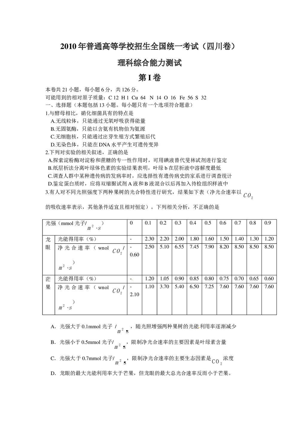 (四川卷)高考理科综合试题1